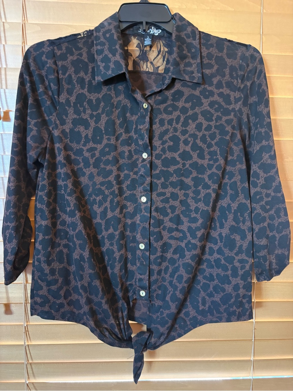 Lena Black and Brown Lace Overlay Blouse, 3/4 sleeves, tie at hem. Size Large